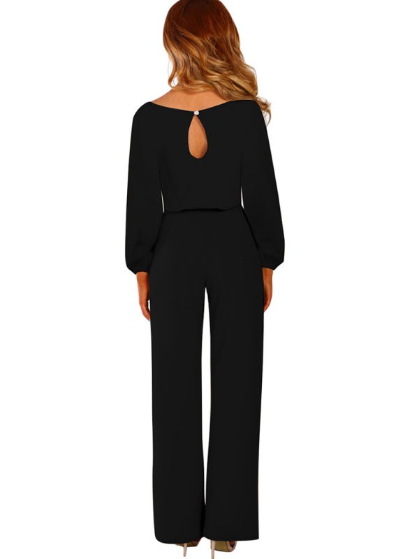 Miss Jane Jumpsuit in Black with waist tie, back view.