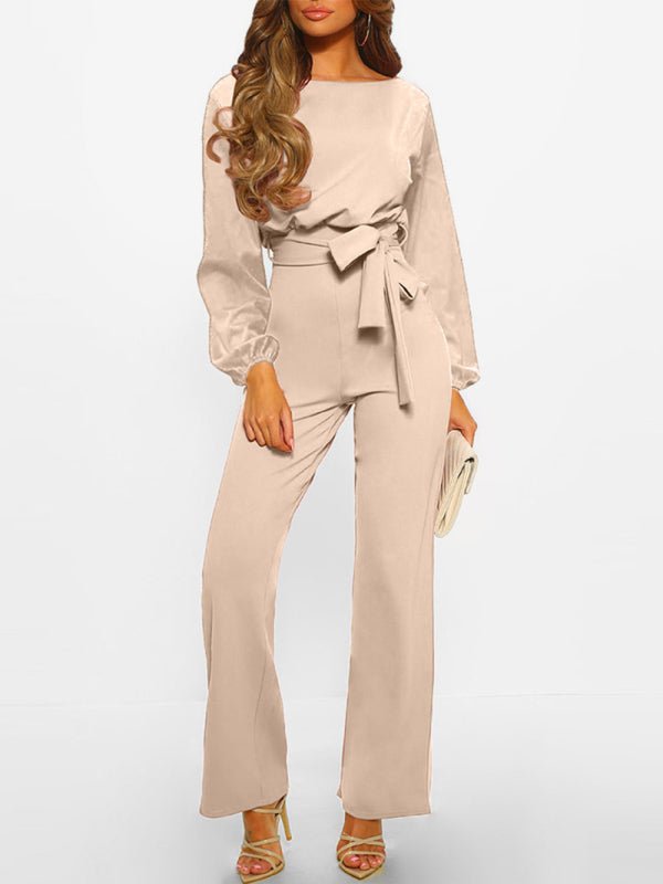 Miss Jane Jumpsuit in Cracker Khaki with waist tie and wide-leg fit, front view.