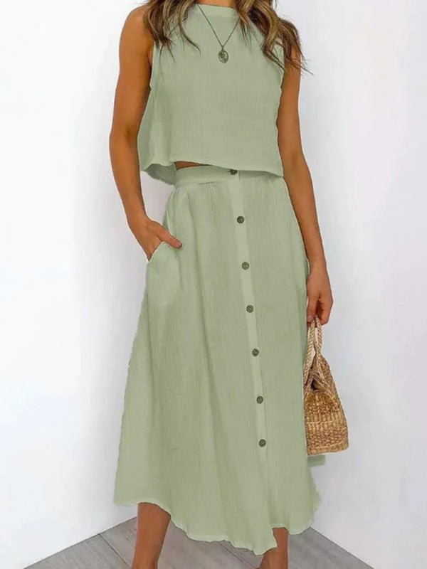 Serendipity Set in sage green, styled with a natural tote.