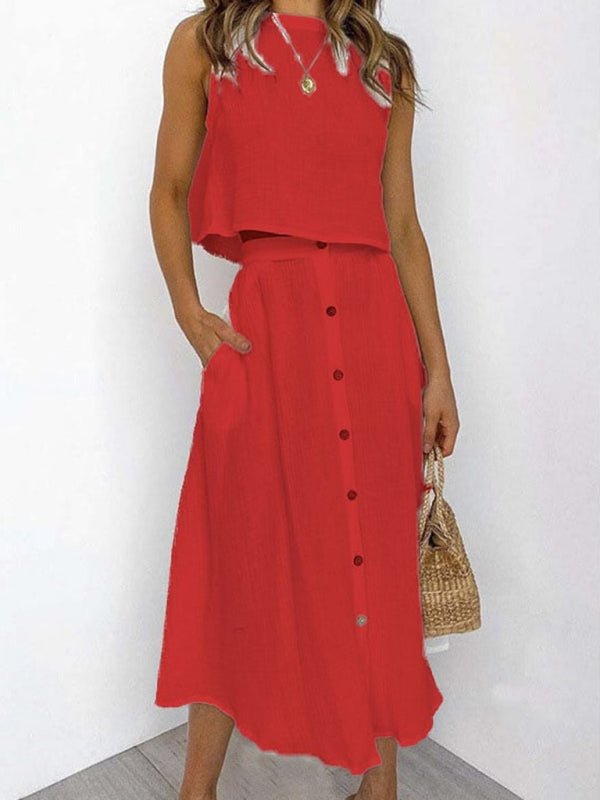 Red Serendipity Set highlighting the breezy cotton-blend texture.