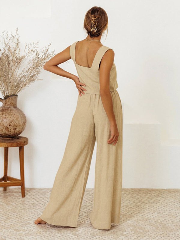 Side view of beige Shanti set showing waist tie detail