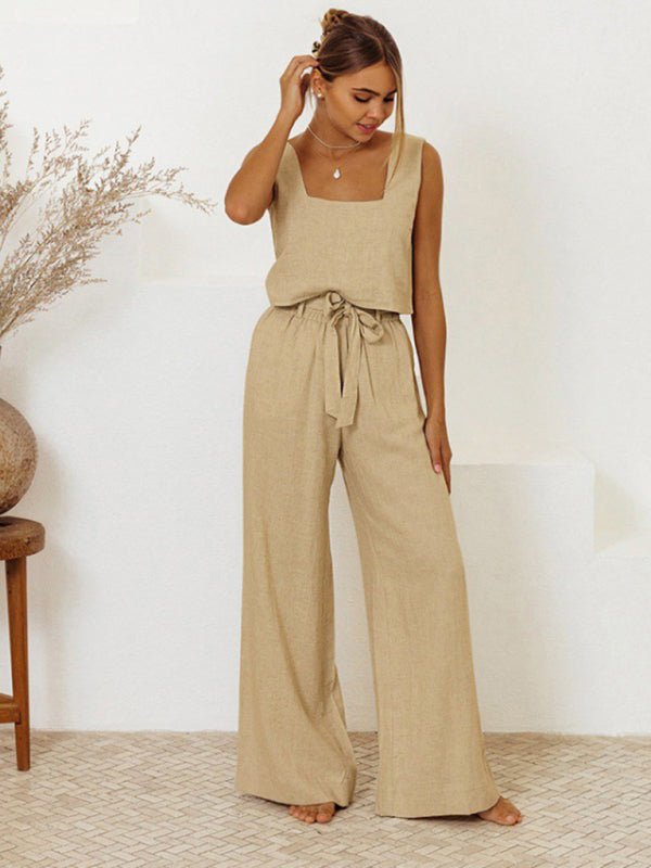 Beige Shanti two piece set with cropped top and wide-leg cotton pants