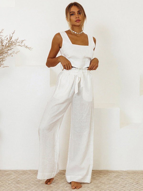 White Shanti two piece set styled barefoot indoors