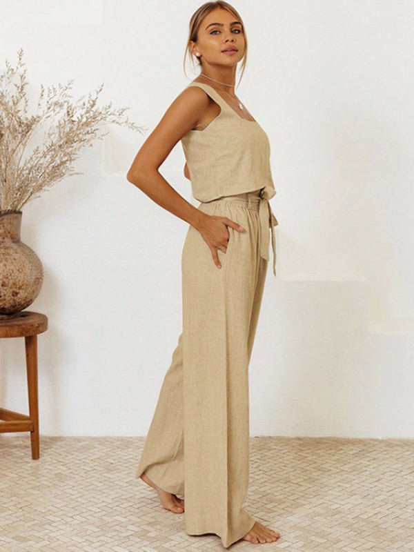 Model wearing beige Shanti set in natural light