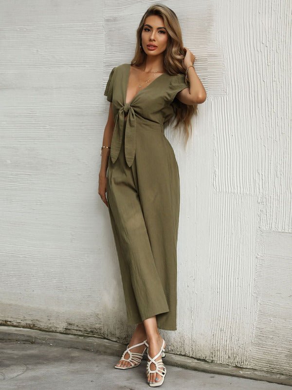 Full view of olive green Yarkona Jumpsuit with wide legs and short sleeves